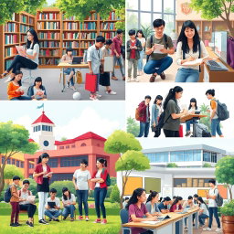 A vibrant and dynamic scene showcasing students in various Polytechnic University of the Philippines campuses, including the main campus in Sta