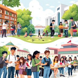 A vibrant and dynamic scene showcasing students in various Polytechnic University of the Philippines campuses, including the main campus in Sta