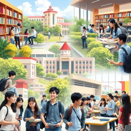 A vibrant and dynamic scene showcasing students in various Polytechnic University of the Philippines campuses, including the main campus in Sta