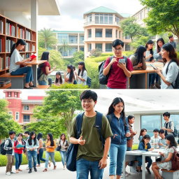 A vibrant and dynamic scene showcasing students in various Polytechnic University of the Philippines campuses, including the main campus in Sta