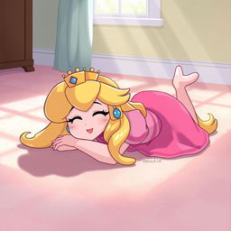 A whimsical scene featuring Princess Peach, a well-known video game character, lying down on the floor in a relaxed position on her stomach