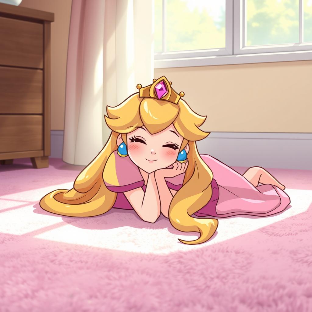 A whimsical scene featuring Princess Peach, a well-known video game character, lying down on the floor in a relaxed position on her stomach