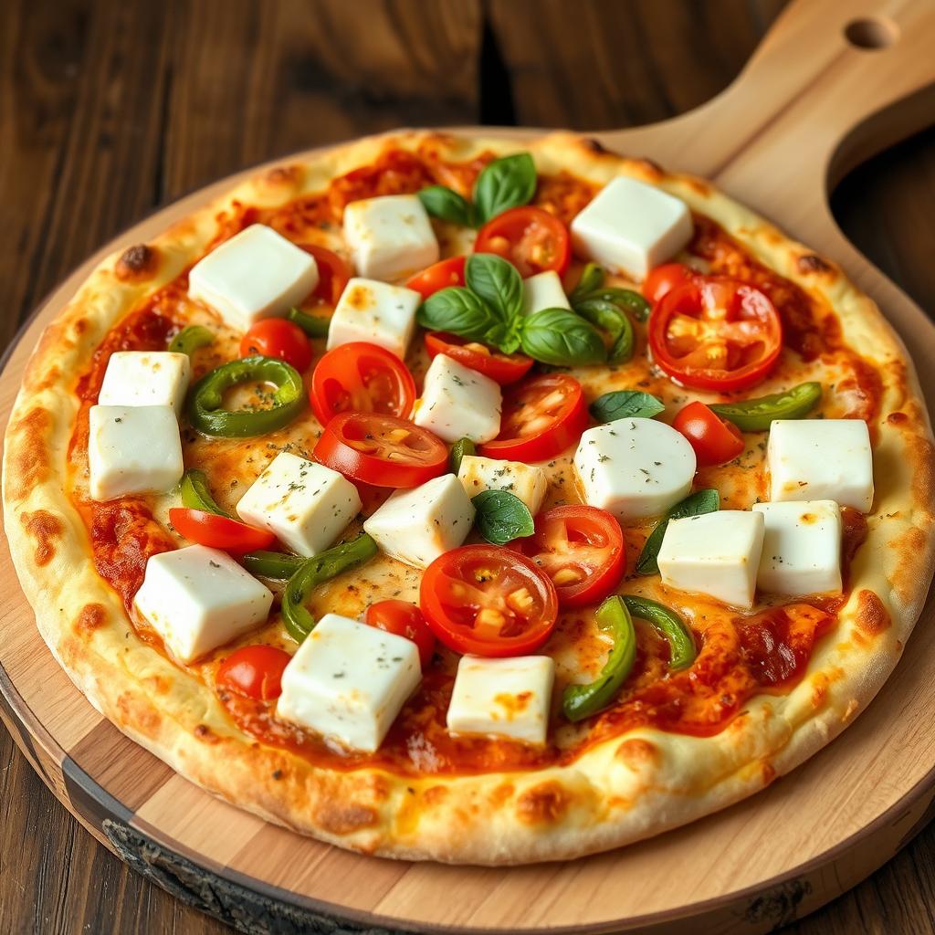 A mouthwatering pizza featuring soft, creamy paneer cubes, crunchy green capsicum, and juicy, ripe tomatoes, lavishly topped with gooey, melted mozzarella cheese