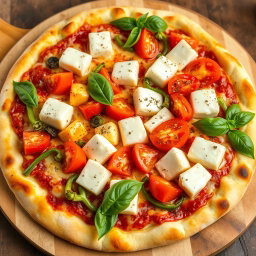 A mouthwatering pizza featuring soft, creamy paneer cubes, crunchy green capsicum, and juicy, ripe tomatoes, lavishly topped with gooey, melted mozzarella cheese