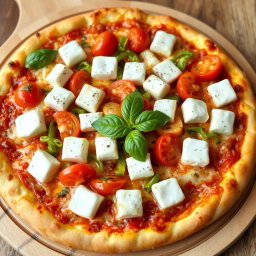 A mouthwatering pizza featuring soft, creamy paneer cubes, crunchy green capsicum, and juicy, ripe tomatoes, lavishly topped with gooey, melted mozzarella cheese