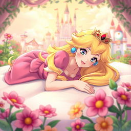 A delightful scene depicting Princess Peach, a beloved video game character, gracefully laying down on her stomach on a soft, light-colored surface
