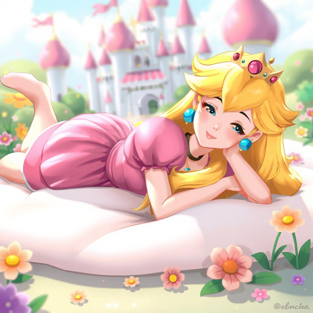 A delightful scene depicting Princess Peach, a beloved video game character, gracefully laying down on her stomach on a soft, light-colored surface