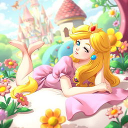 A delightful scene depicting Princess Peach, a beloved video game character, gracefully laying down on her stomach on a soft, light-colored surface