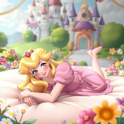 A delightful scene depicting Princess Peach, a beloved video game character, gracefully laying down on her stomach on a soft, light-colored surface