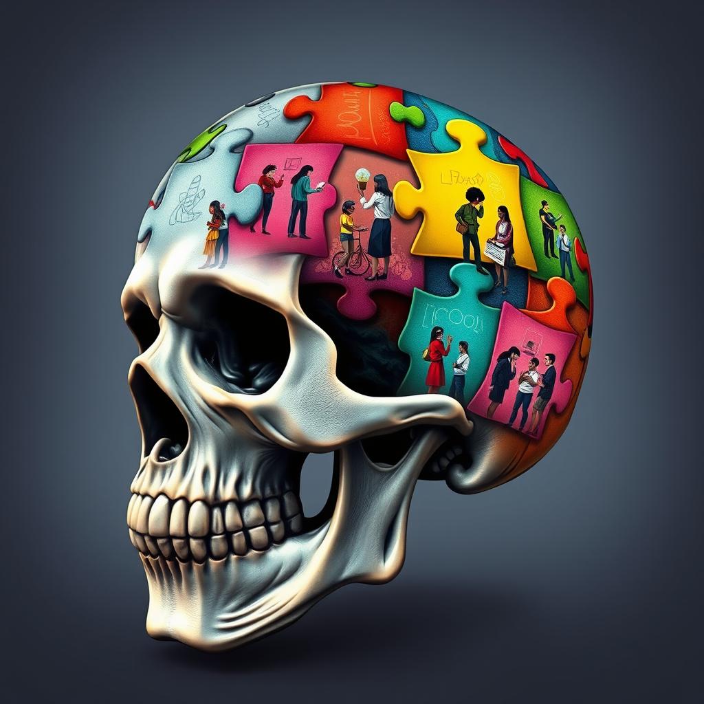 A creative and intricate representation of a skull adorned with a colorful, abstract puzzle piece design on its head