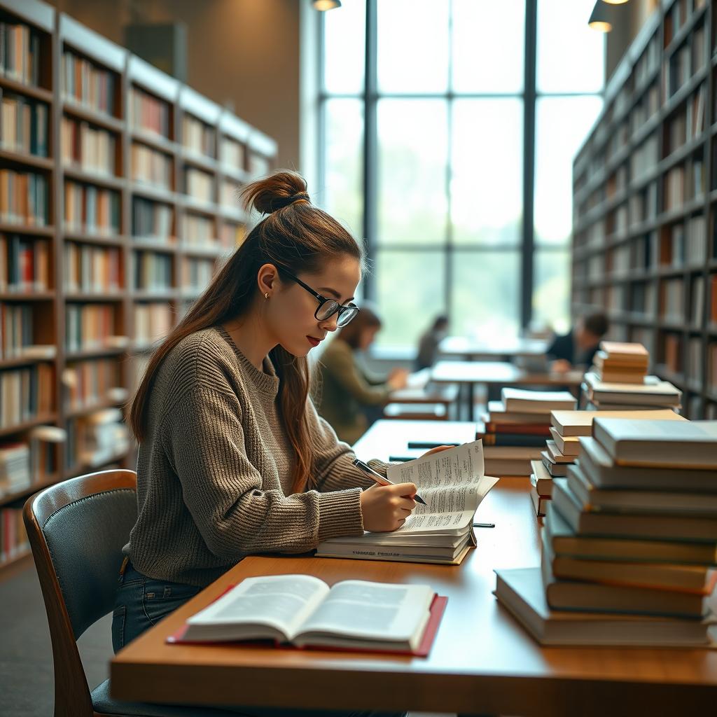 A dedicated law student studying intensely at a stylish wooden desk in a modern library, surrounded by stacks of law books and legal textbooks