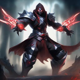 Zed, the master of shadows from League of Legends, clad in his black armor and crimson accents, skillfully wielding his unique shurikens. He's positioned in a moody, shadowy realm, his red eyes gleaming in the dark.