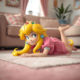 A whimsical scene featuring Princess Peach, the iconic video game character, laying down on the floor in a relaxed, playful manner
