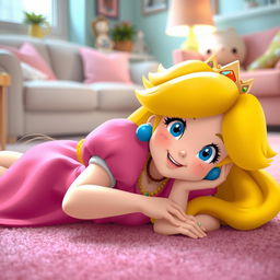 A whimsical scene featuring Princess Peach, the iconic video game character, laying down on the floor in a relaxed, playful manner