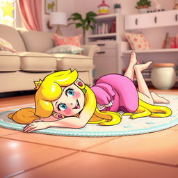 A whimsical scene featuring Princess Peach, the iconic video game character, laying down on the floor in a relaxed, playful manner