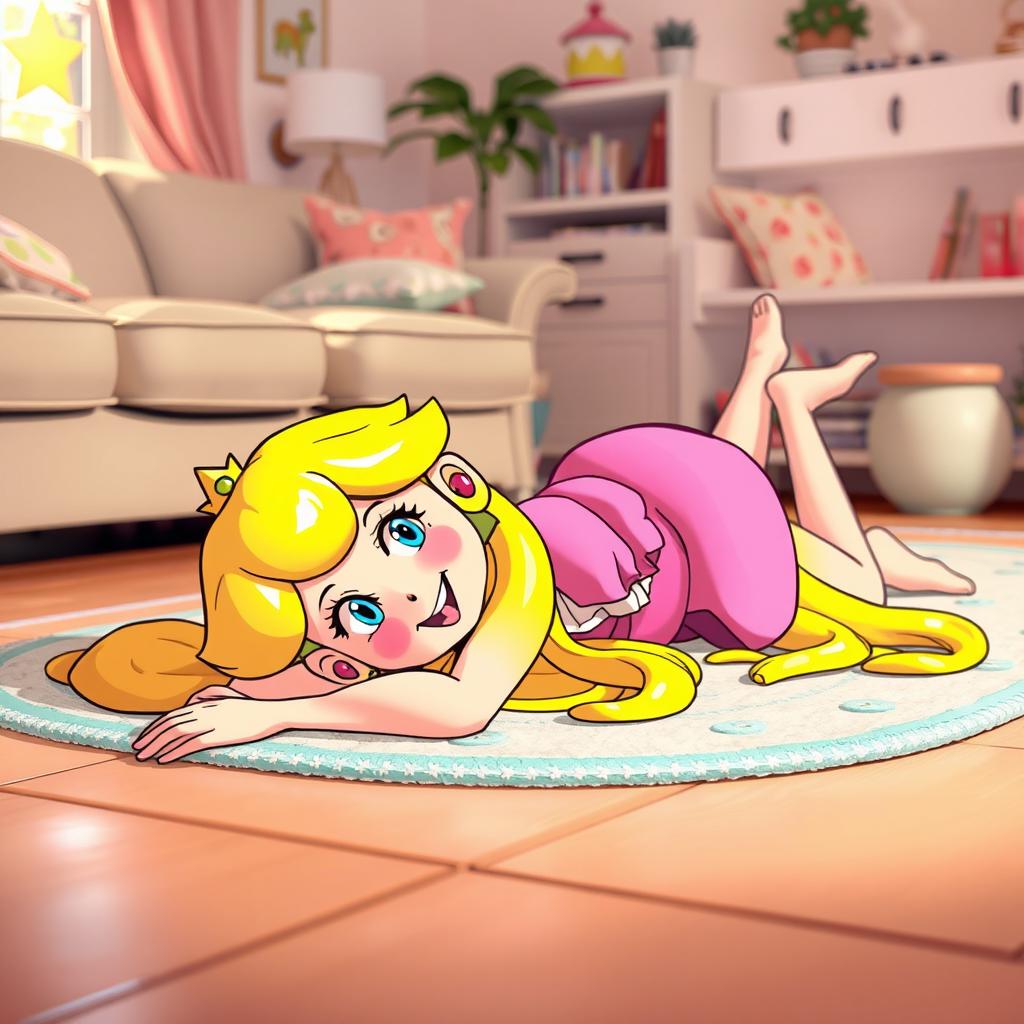 A whimsical scene featuring Princess Peach, the iconic video game character, laying down on the floor in a relaxed, playful manner