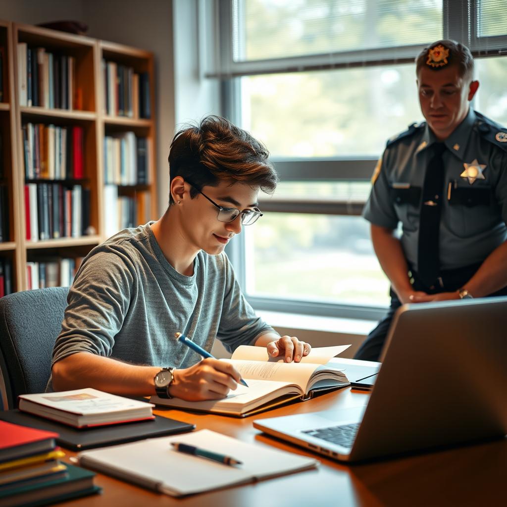 A college student studying at a desk in a cozy, well-lit room, surrounded by textbooks, notebooks, and a laptop