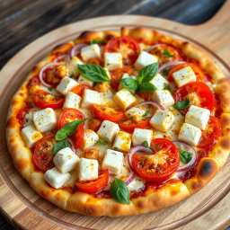 A tantalizing pizza featuring creamy paneer cubes, paired beautifully with crunchy slices of onions and juicy, ripe tomatoes