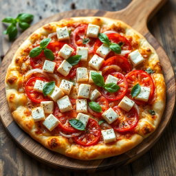 A tantalizing pizza featuring creamy paneer cubes, paired beautifully with crunchy slices of onions and juicy, ripe tomatoes