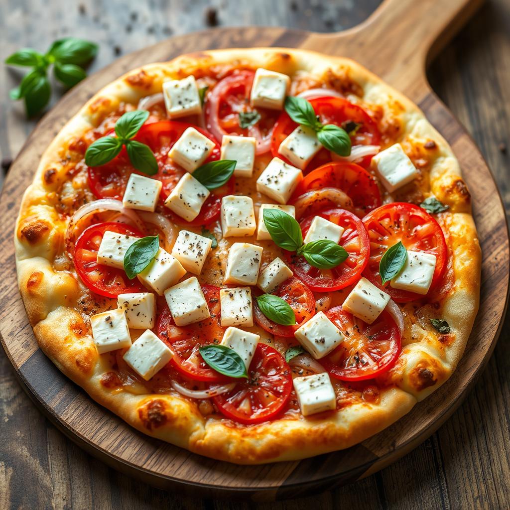 A tantalizing pizza featuring creamy paneer cubes, paired beautifully with crunchy slices of onions and juicy, ripe tomatoes