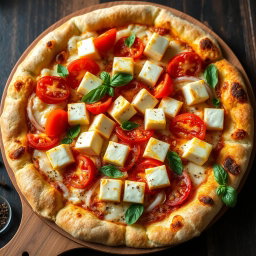 A tantalizing pizza featuring creamy paneer cubes, paired beautifully with crunchy slices of onions and juicy, ripe tomatoes
