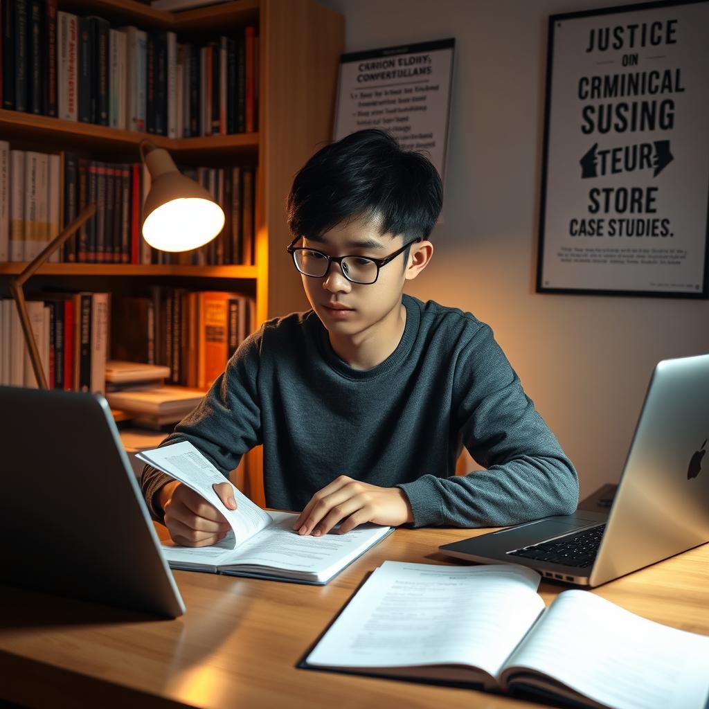 A focused criminology student sitting at a wooden desk, surrounded by textbooks on criminology, psychology, and law