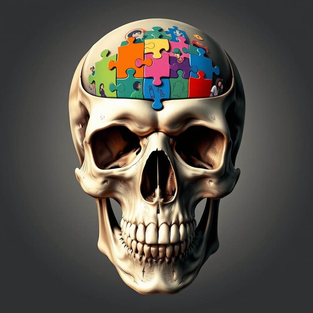 A strikingly detailed frontal view of a human skull featuring a colorful puzzle design integrated into the top of the skull