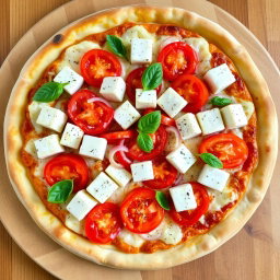 A delectable pizza topped with creamy paneer cubes, paired harmoniously with crunchy slices of fresh onions and juicy, ripe tomatoes