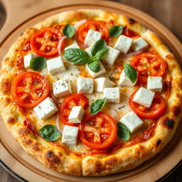 A delectable pizza topped with creamy paneer cubes, paired harmoniously with crunchy slices of fresh onions and juicy, ripe tomatoes