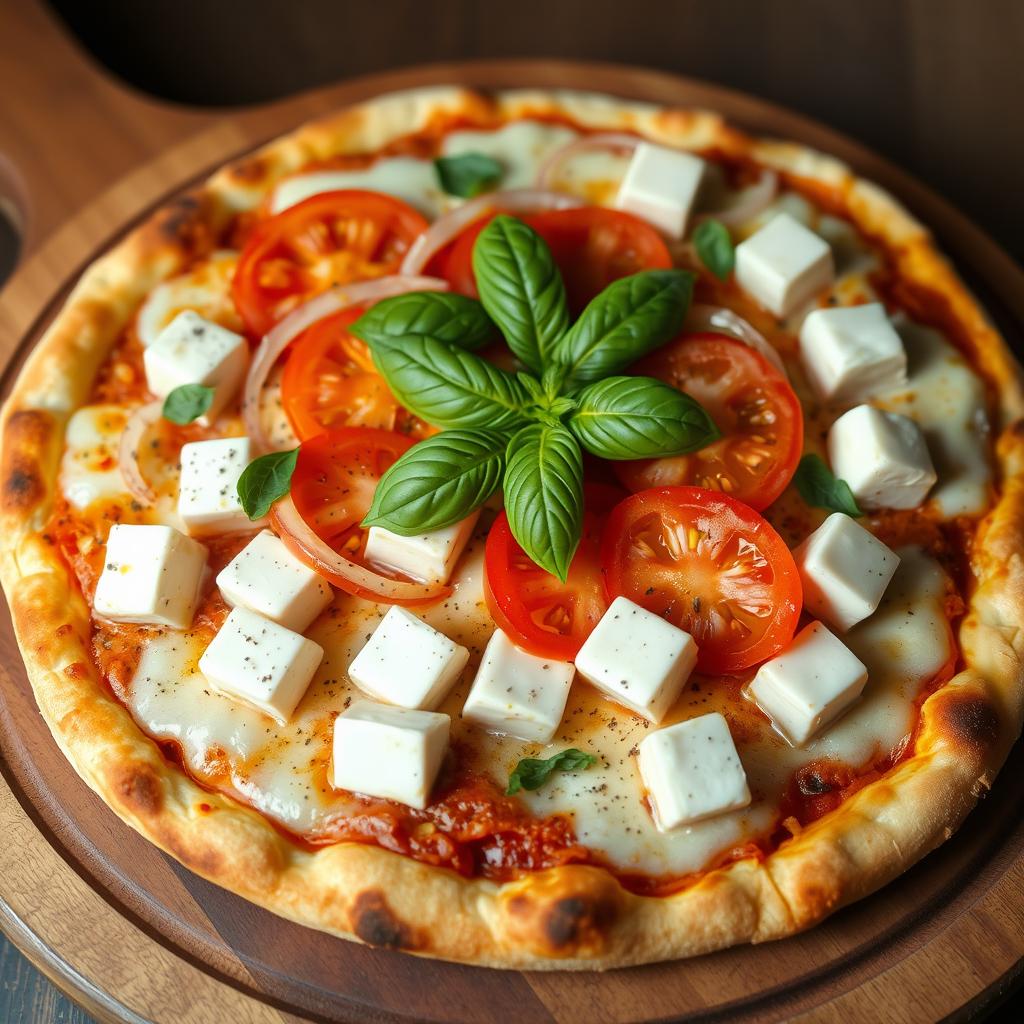 A delectable pizza topped with creamy paneer cubes, paired harmoniously with crunchy slices of fresh onions and juicy, ripe tomatoes