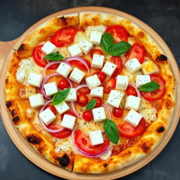 A delectable pizza topped with creamy paneer cubes, paired harmoniously with crunchy slices of fresh onions and juicy, ripe tomatoes