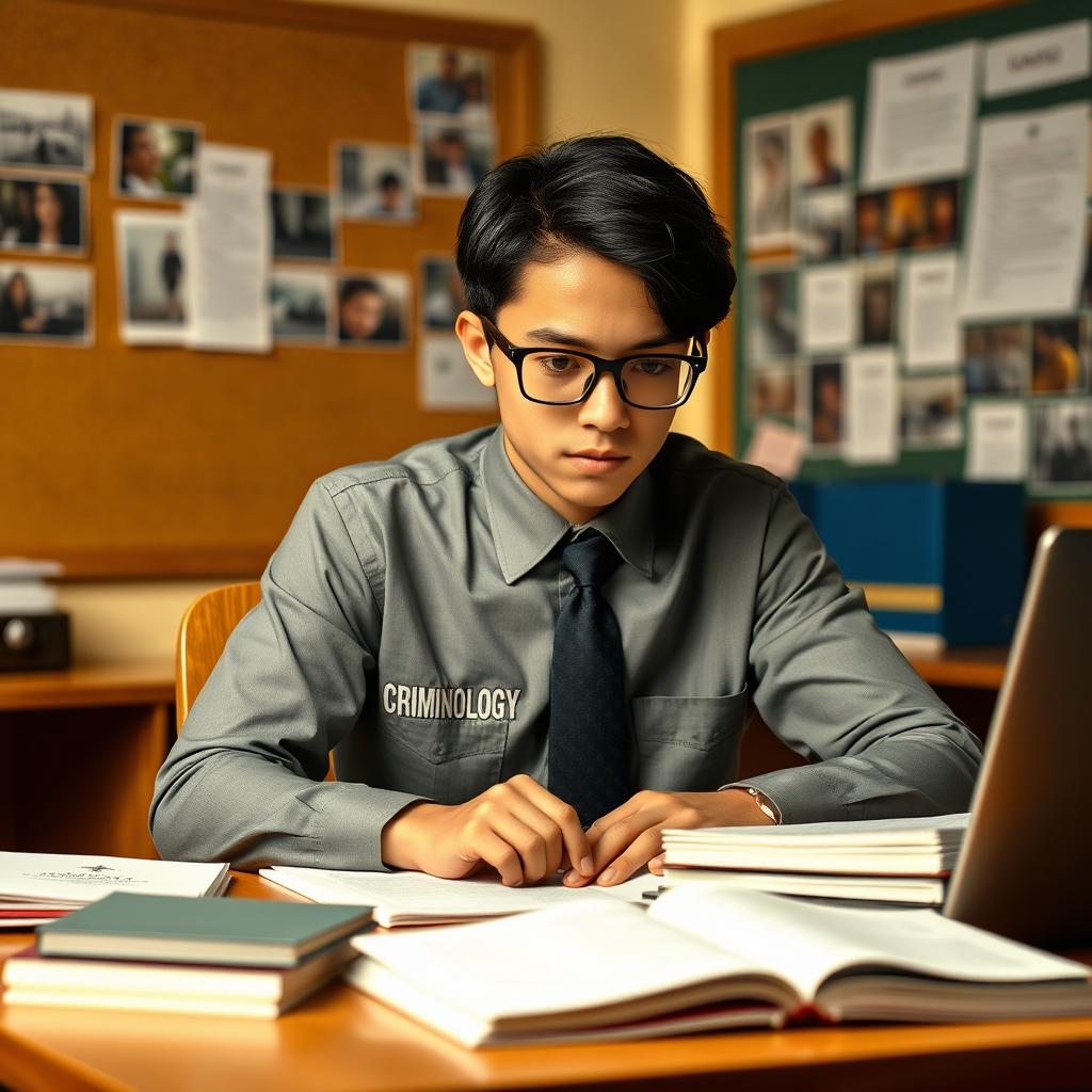 A focused criminology student wearing a crisp uniform, sitting at a desk surrounded by criminology textbooks and notes
