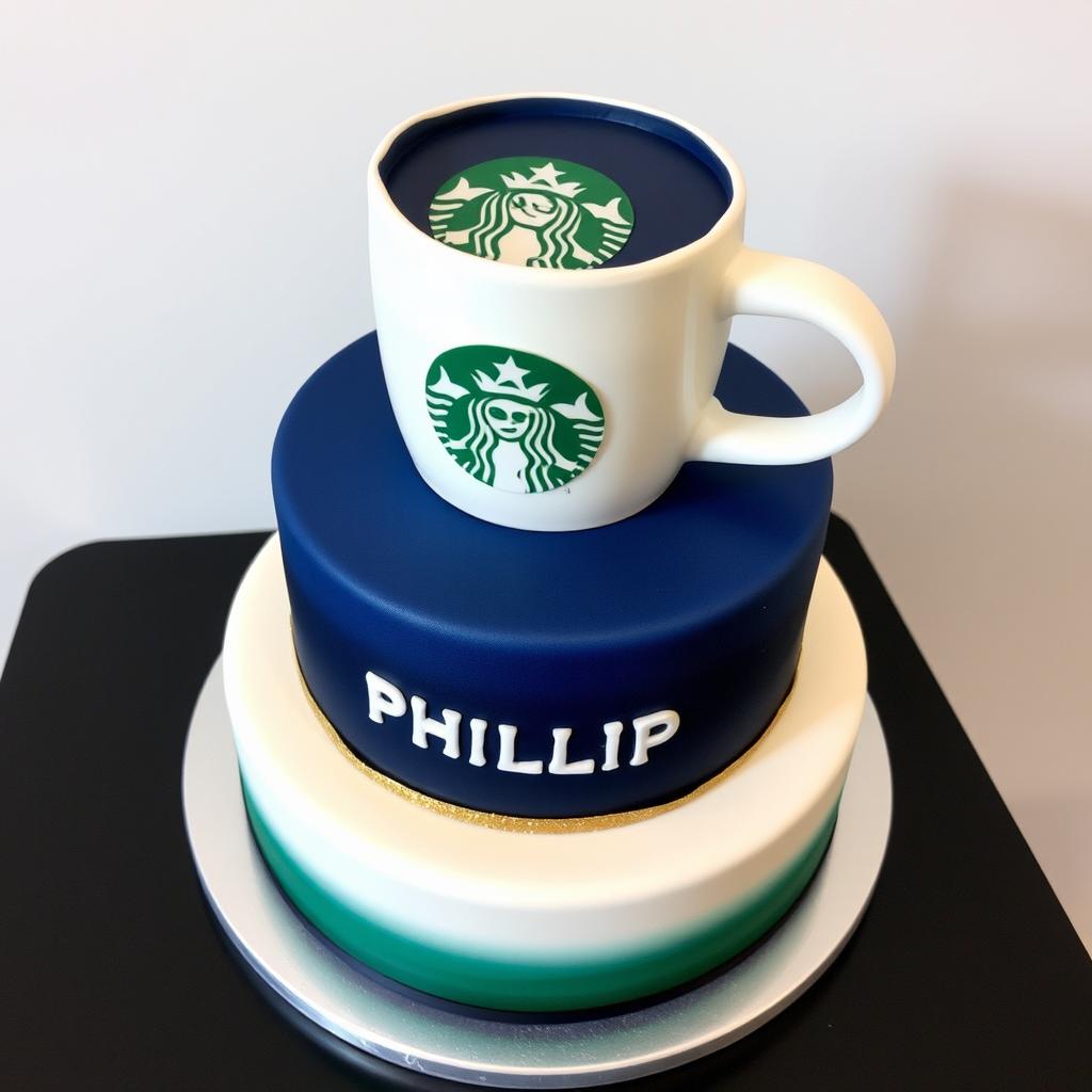 A beautifully designed two-tier cake featuring a top layer shaped like a coffee mug adorned with the Starbucks logo
