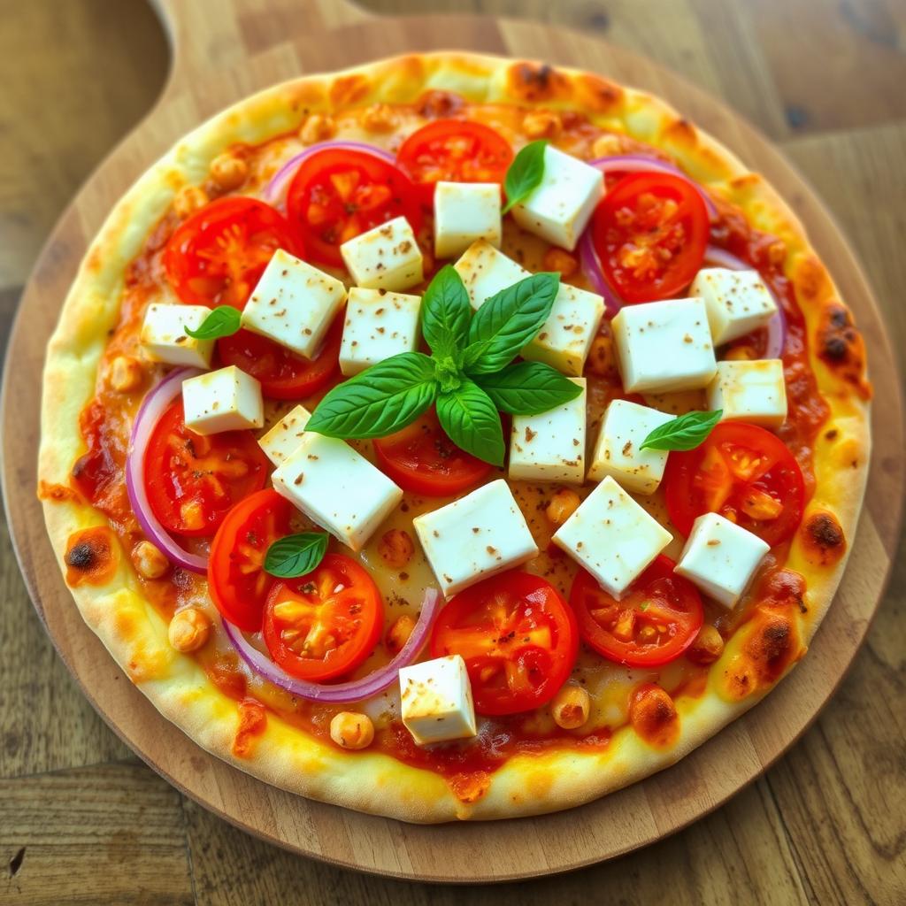 A delicious pizza topped with creamy paneer cubes, perfectly paired with crunchy slices of onions and juicy, vibrant tomatoes