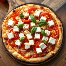 A delicious pizza topped with creamy paneer cubes, perfectly paired with crunchy slices of onions and juicy, vibrant tomatoes