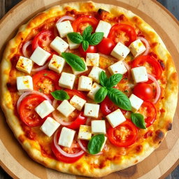 A delicious pizza topped with creamy paneer cubes, perfectly paired with crunchy slices of onions and juicy, vibrant tomatoes