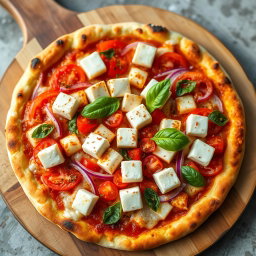 A delicious pizza topped with creamy paneer cubes, perfectly paired with crunchy slices of onions and juicy, vibrant tomatoes