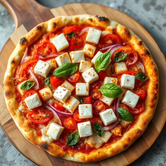 A delicious pizza topped with creamy paneer cubes, perfectly paired with crunchy slices of onions and juicy, vibrant tomatoes