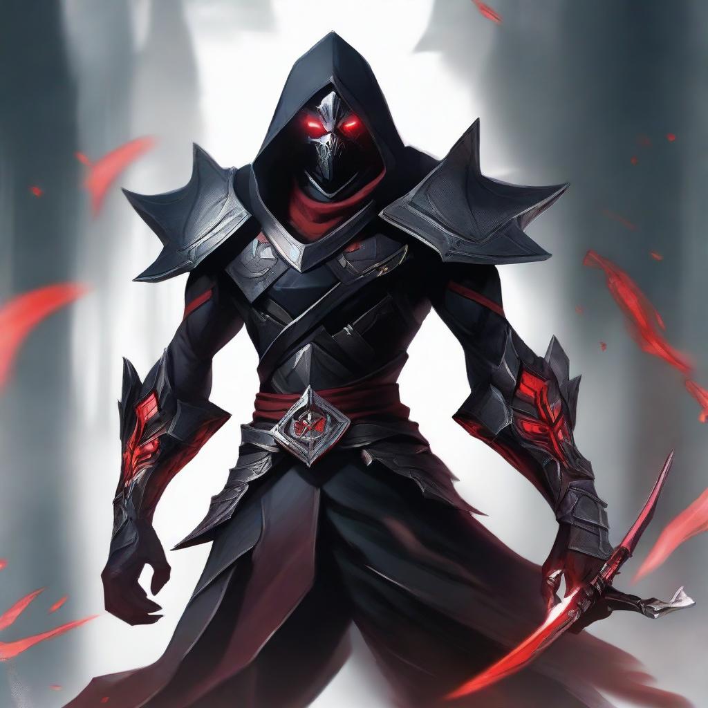 Zed, the master of shadows from League of Legends, clad in his black armor and crimson accents, skillfully wielding his unique shurikens. He's positioned in a moody, shadowy realm, his red eyes gleaming in the dark.