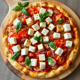 A mouth-watering pizza topped with creamy paneer cubes, perfectly complemented by crunchy slices of onions and juicy, ripe tomatoes