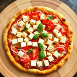 A mouth-watering pizza topped with creamy paneer cubes, perfectly complemented by crunchy slices of onions and juicy, ripe tomatoes