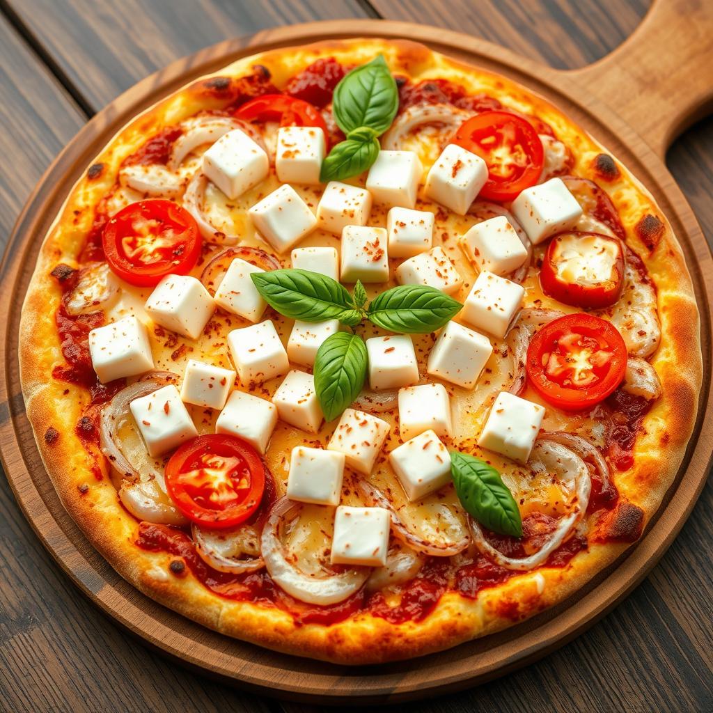 A mouth-watering pizza topped with creamy paneer cubes, perfectly complemented by crunchy slices of onions and juicy, ripe tomatoes