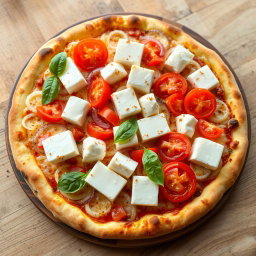 A mouth-watering pizza topped with creamy paneer cubes, perfectly complemented by crunchy slices of onions and juicy, ripe tomatoes