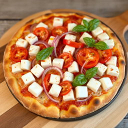 A deliciously crafted pizza featuring creamy paneer cubes that are perfectly paired with crunchy, sliced onions and succulent, juicy tomatoes