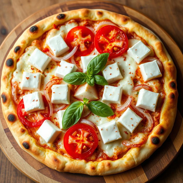 A deliciously crafted pizza featuring creamy paneer cubes that are perfectly paired with crunchy, sliced onions and succulent, juicy tomatoes