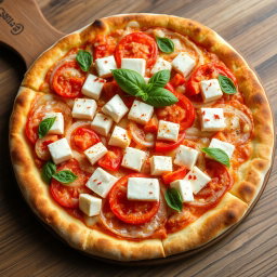 A deliciously crafted pizza featuring creamy paneer cubes that are perfectly paired with crunchy, sliced onions and succulent, juicy tomatoes