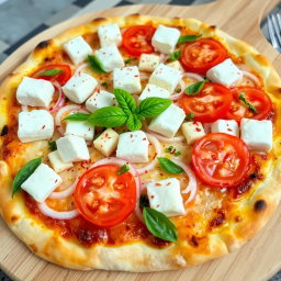 A deliciously crafted pizza featuring creamy paneer cubes that are perfectly paired with crunchy, sliced onions and succulent, juicy tomatoes