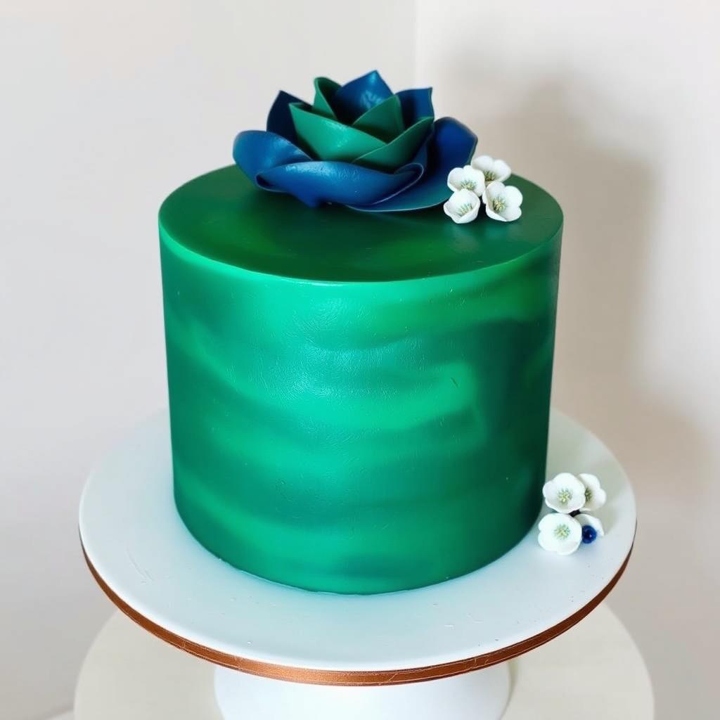A stunning single-tier cake designed in vibrant emerald green and deep navy blue