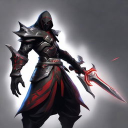 Zed, the master of shadows from League of Legends, clad in his black armor and crimson accents, skillfully wielding his unique shurikens. He's positioned in a moody, shadowy realm, his red eyes gleaming in the dark.