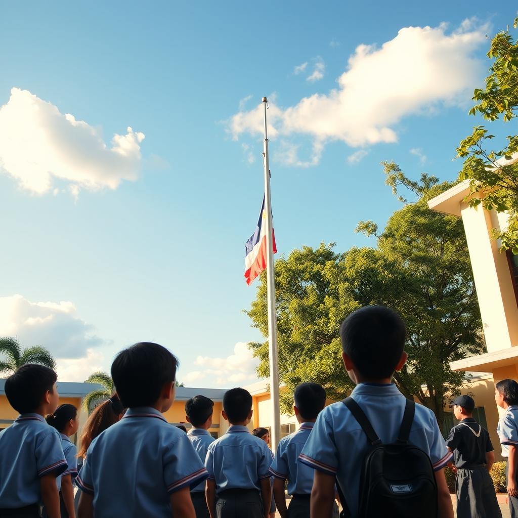 A group of students in a schoolyard in the Philippines, standing attentively as the national flag is being raised